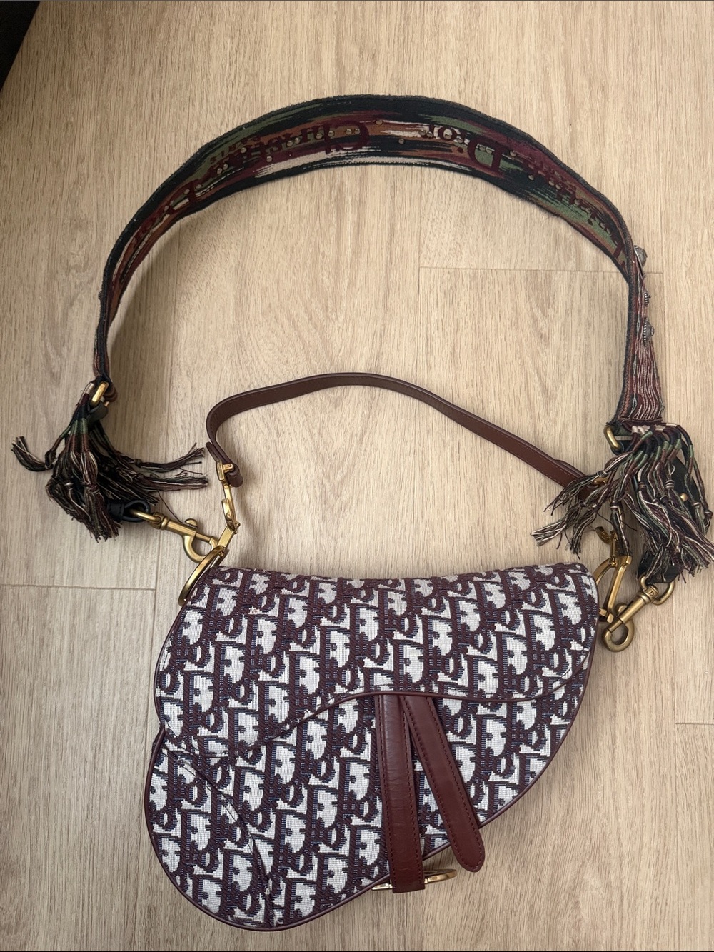 Dior Saddle Bag Burgundy Oblique Monogram w/ Studded Fringe Boho Shoulder Strap